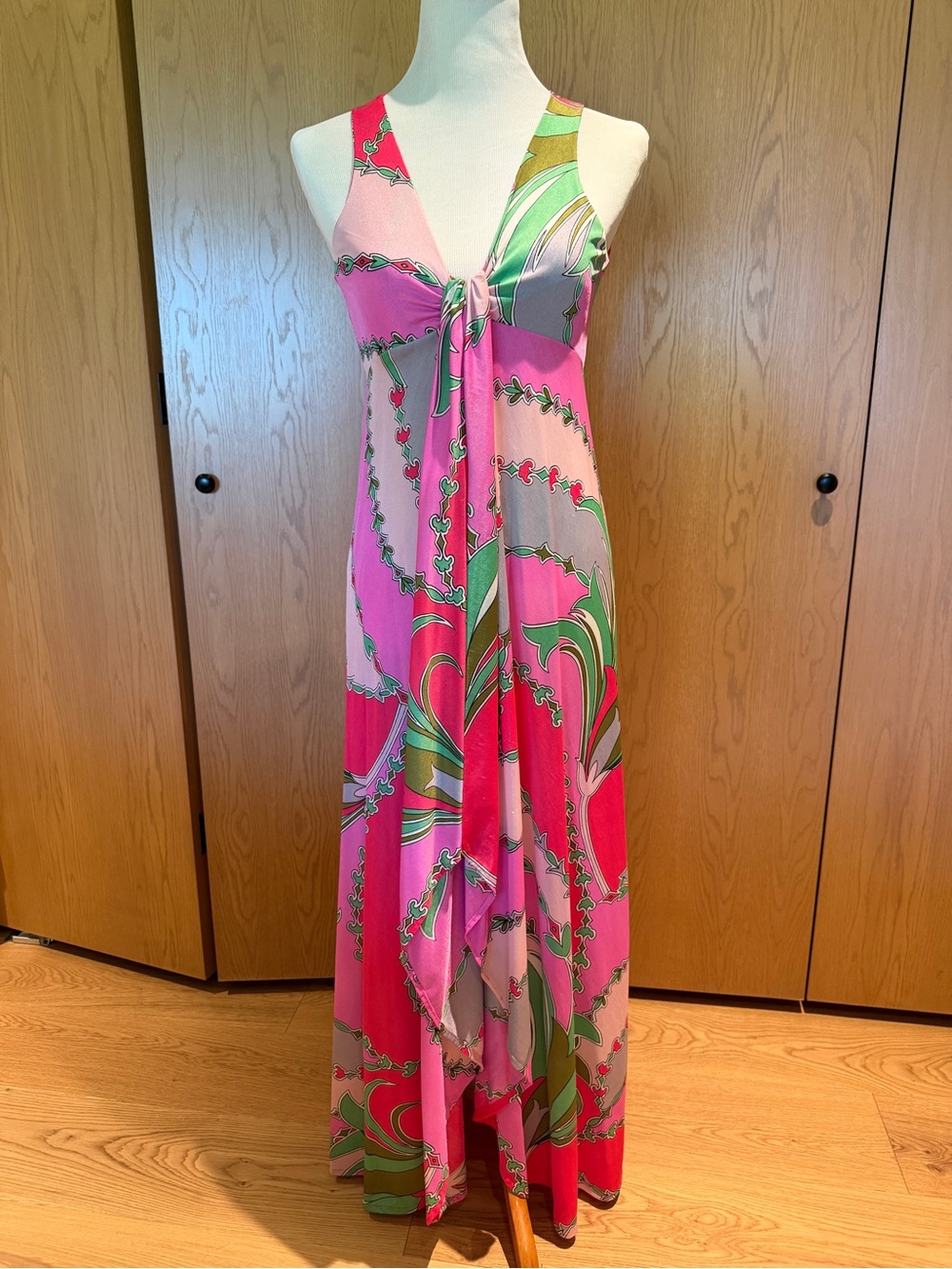 Vintage Saks Fifth Avenue 1970s Pink Green Halter Maxi Dress Sz 8